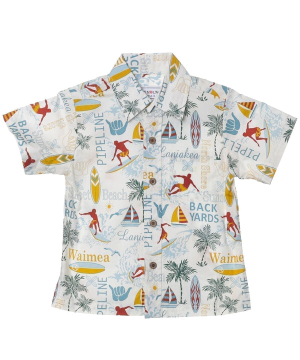 Boys Hawaiian Shirt Button-Up PIPELINE Surf White Mae Young Designs