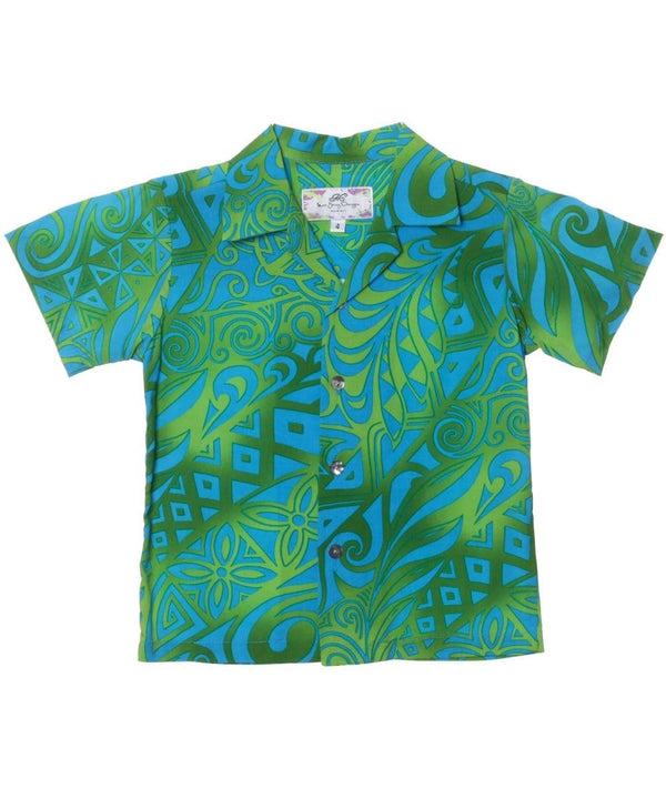 Boys Hawaiian Shirt Tribal Aqua Mae Young Designs