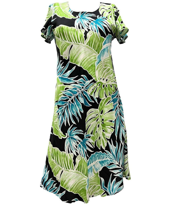 Cabana Palms Hawaiian Dress with Cap Sleeves Black