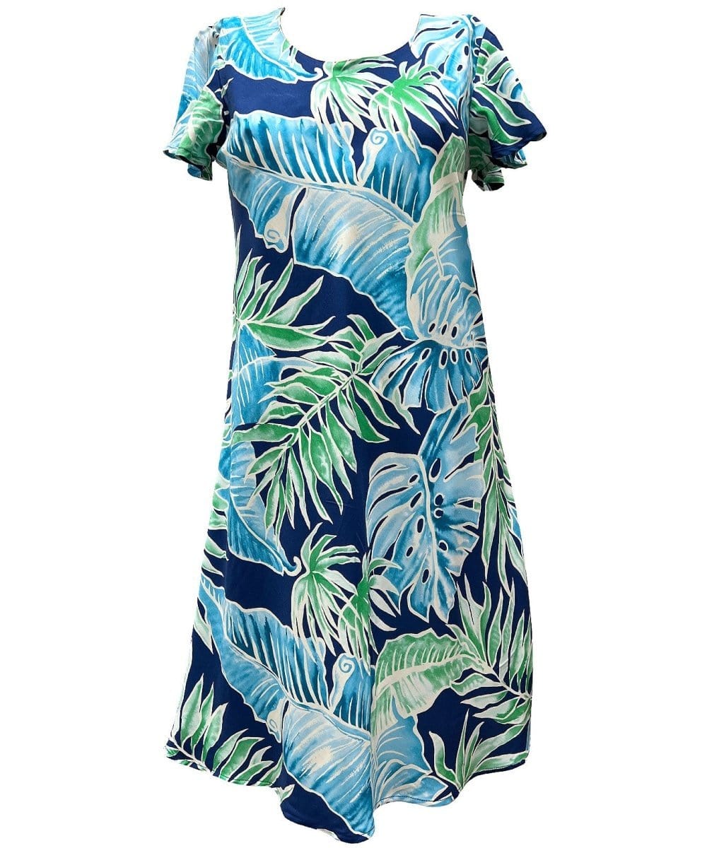 Cabana Palms Hawaiian Dress with Cap Sleeves Navy / S Cabana Palms Hawaiian Dress with Cap Sleeves Navy / S