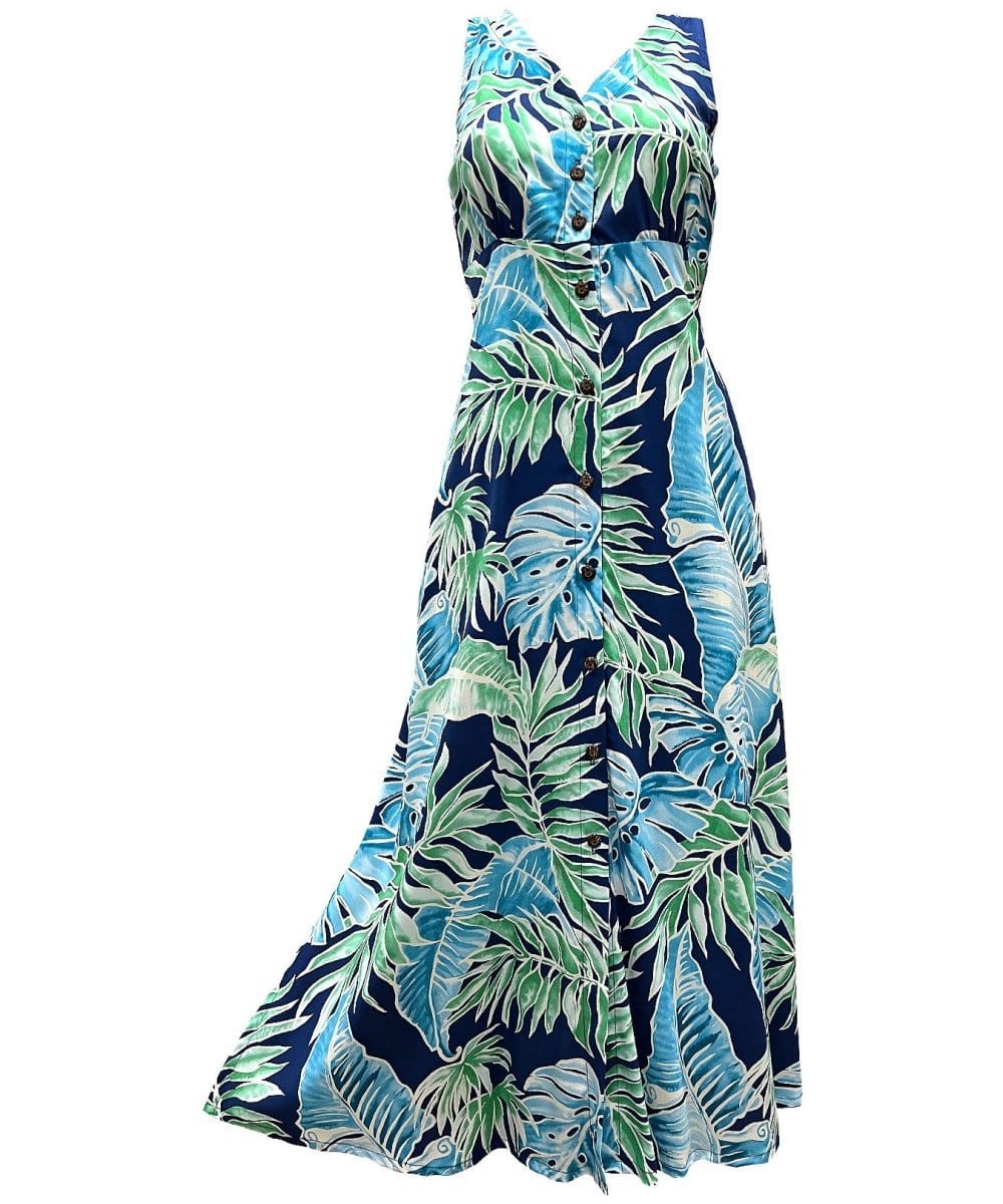Cabana Palms Maxi Long Cocktail Hawaiian Dress Navy / L Cabana Palms Maxi Long Cocktail Hawaiian Dress Navy / L