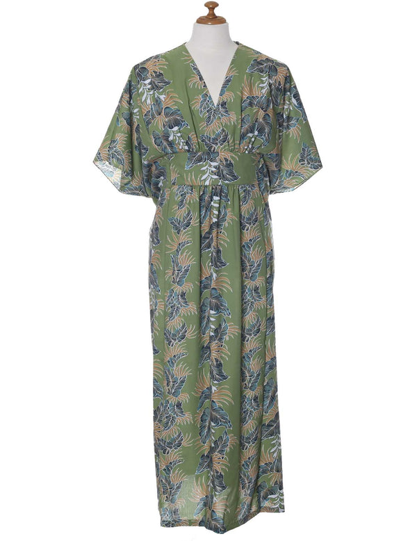 Aloha Lei Caftan Dress Hawaiian Print Green One size