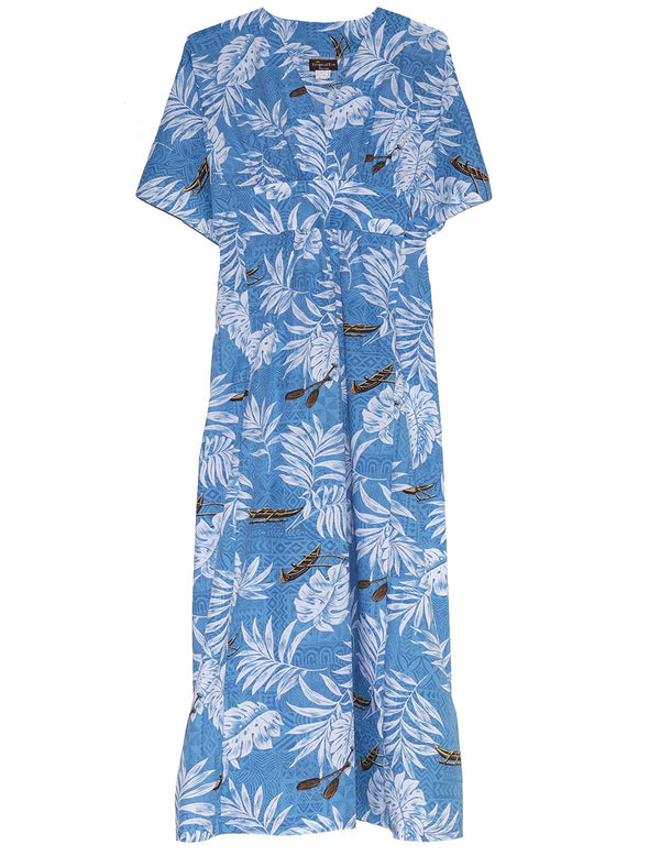 Caftan Hawaiian Dress Outrigger Tribal Sky Blue One size