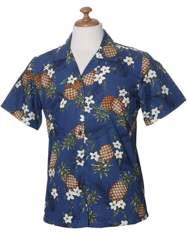 Camp Hawaiian Shirt for Women Sunny Pineapples Navy KY
