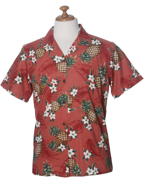 Camp Hawaiian Shirt for Women Sunny Pineapples Rust KY