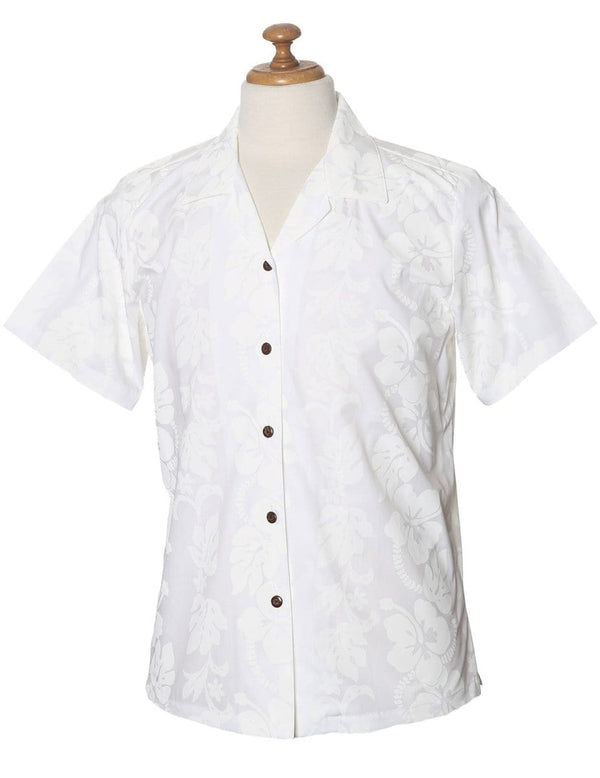 Camp Hawaiian White Shirt for Women Hibiscus Leis White KY
