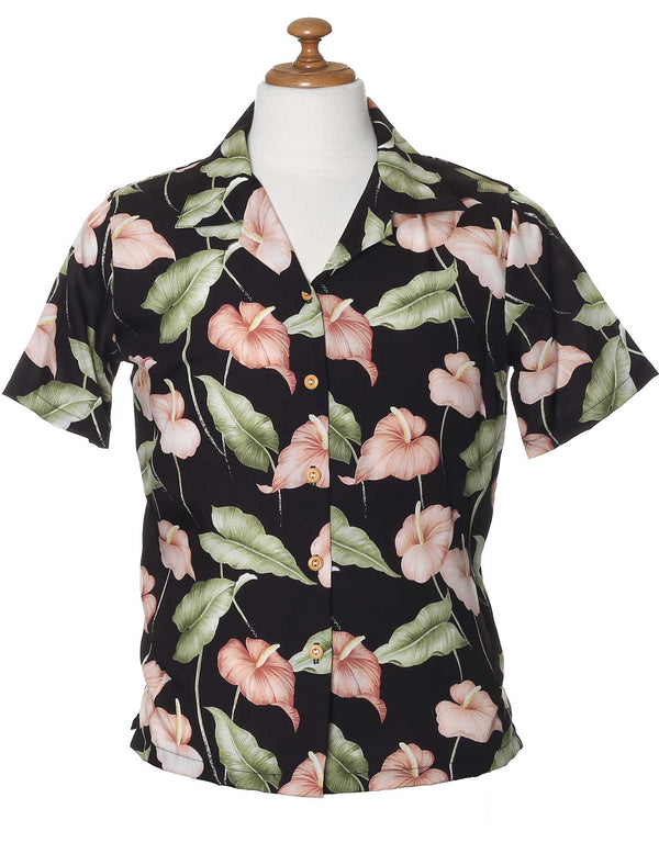Anthurium Garden Camp Rayon Blouse Black