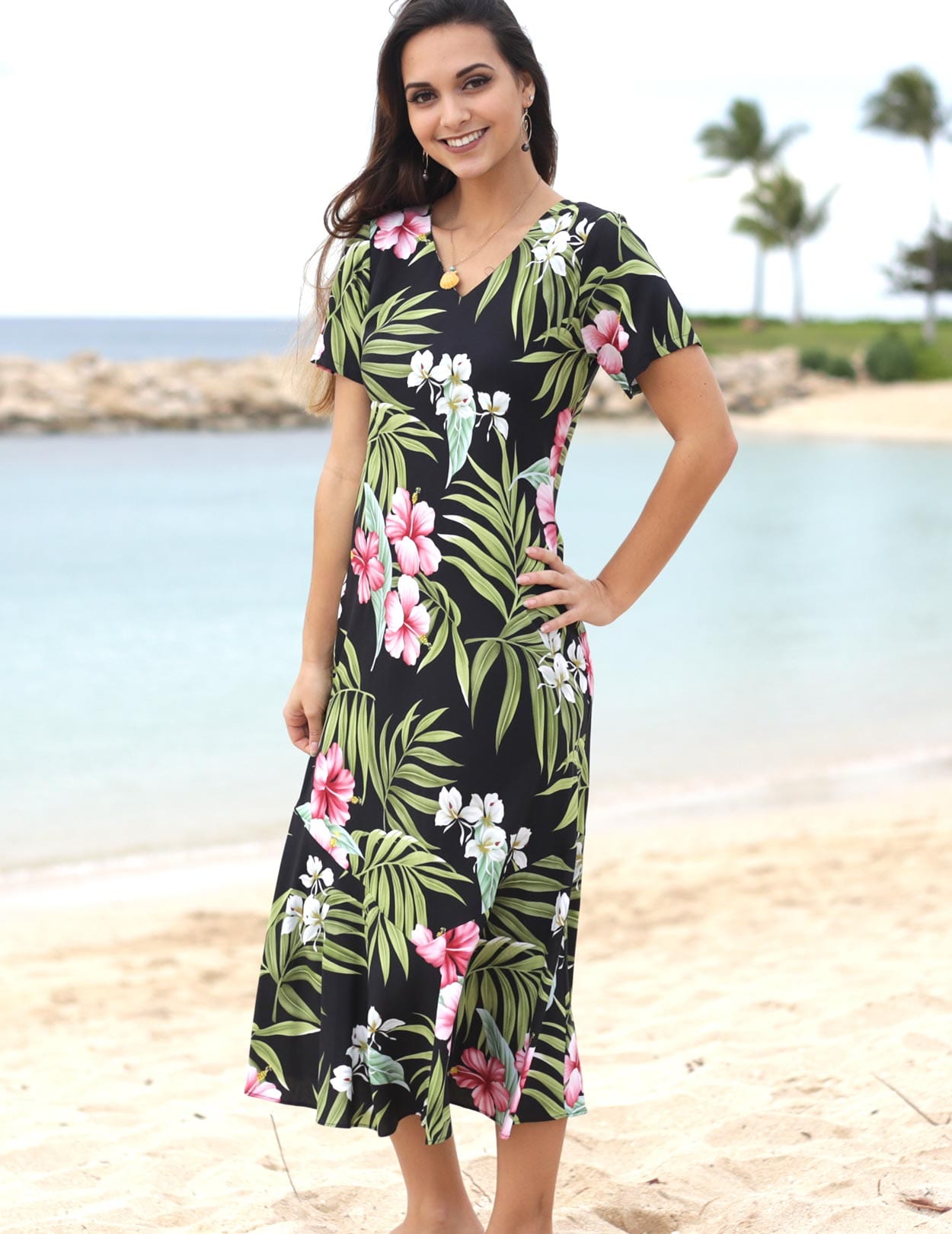 Nalani Long Rayon Hawaiian Dress Maxi V-Neck Tea Length Shaka Time Hawaii Nalani Long Rayon Hawaiian Dress Maxi V-Neck Tea Length Shaka Time Hawaii