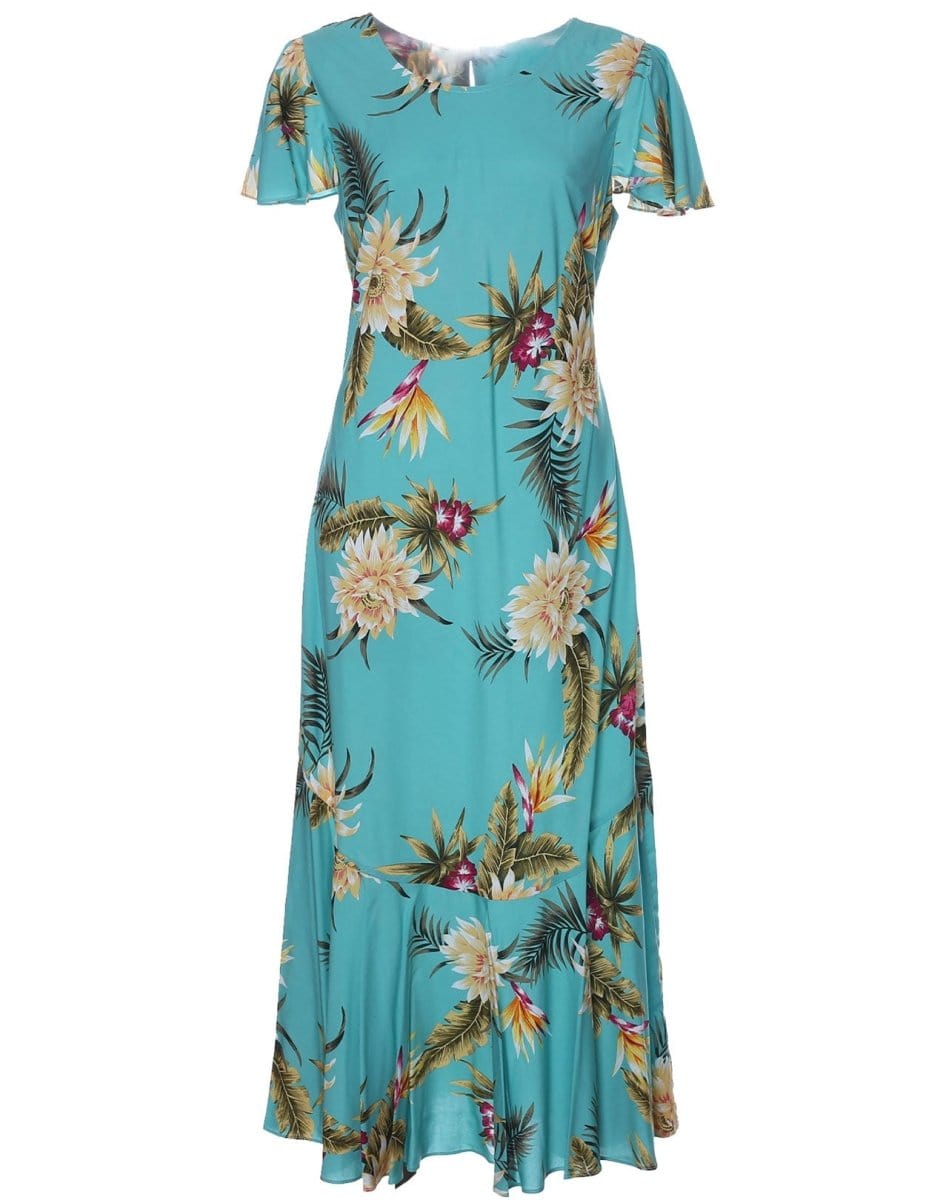 Ceres Green Maxi Hawaiian Dress Cap Sleeves Green / L Ceres Green Maxi Hawaiian Dress Cap Sleeves Green / L