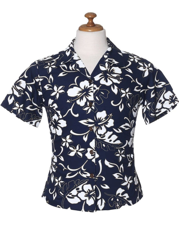 Classic Hibiscus Pareo Camp Shirt for Women Navy