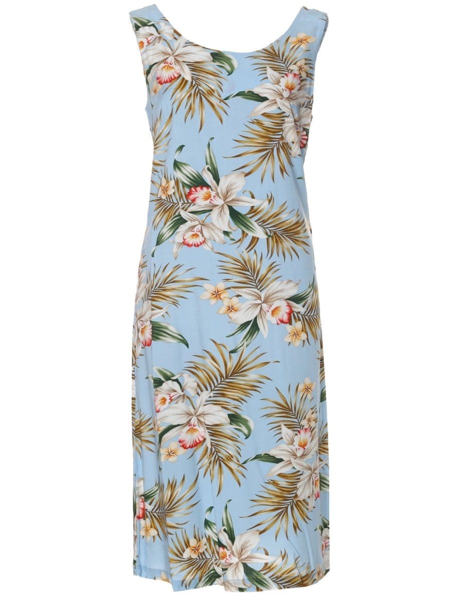 Classic Orchids Hawaiian Dress Sleeveless Bias Knee Length Sky Blue / S Classic Orchids Hawaiian Dress Sleeveless Bias Knee Length Sky Blue / S