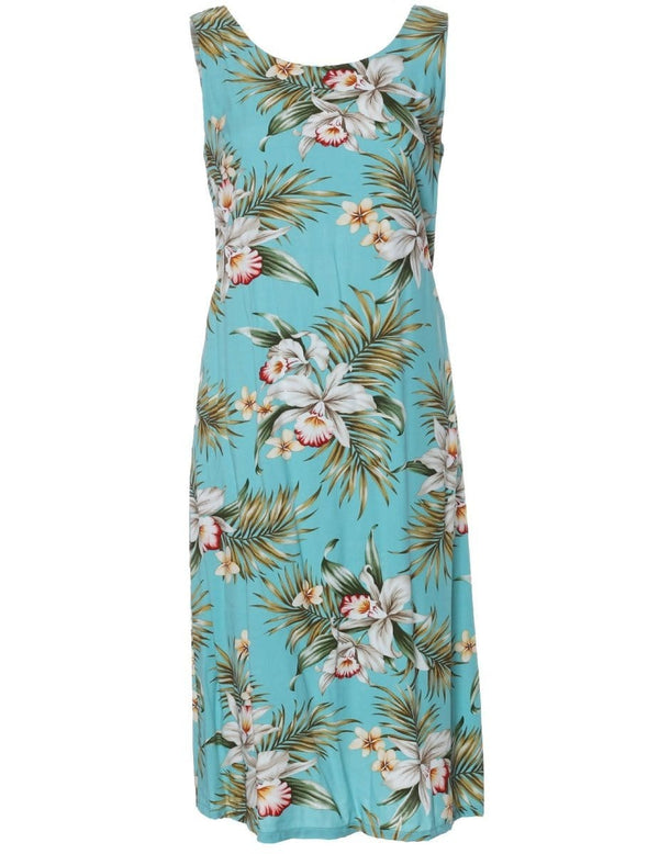 Classic Orchids Hawaiian Dress Sleeveless Bias Knee Length Aqua KY