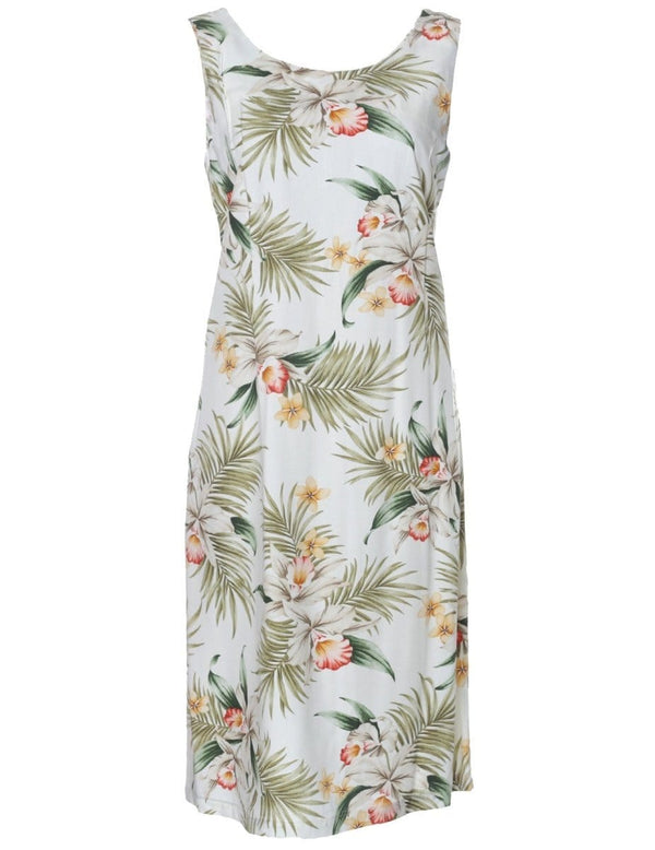 Classic Orchids Hawaiian Dress Sleeveless Bias Knee Length White KY