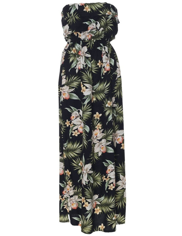 Classic Orchids Maxi Strapless Ruffle Overlay Hawaiian Dress Black