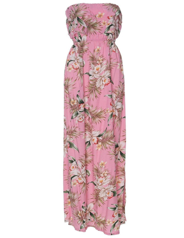 Classic Orchids Maxi Strapless Ruffle Overlay Hawaiian Dress Pink