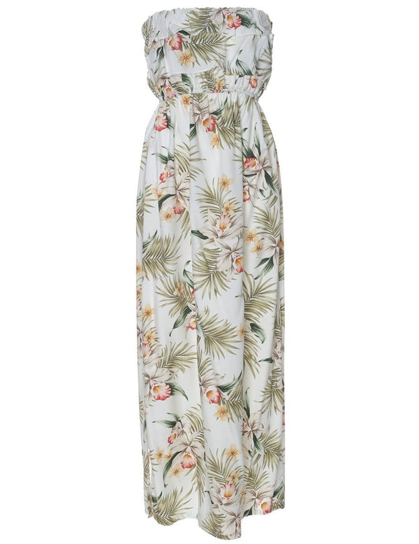 Classic Orchids Maxi Strapless Ruffle Overlay Hawaiian Dress White