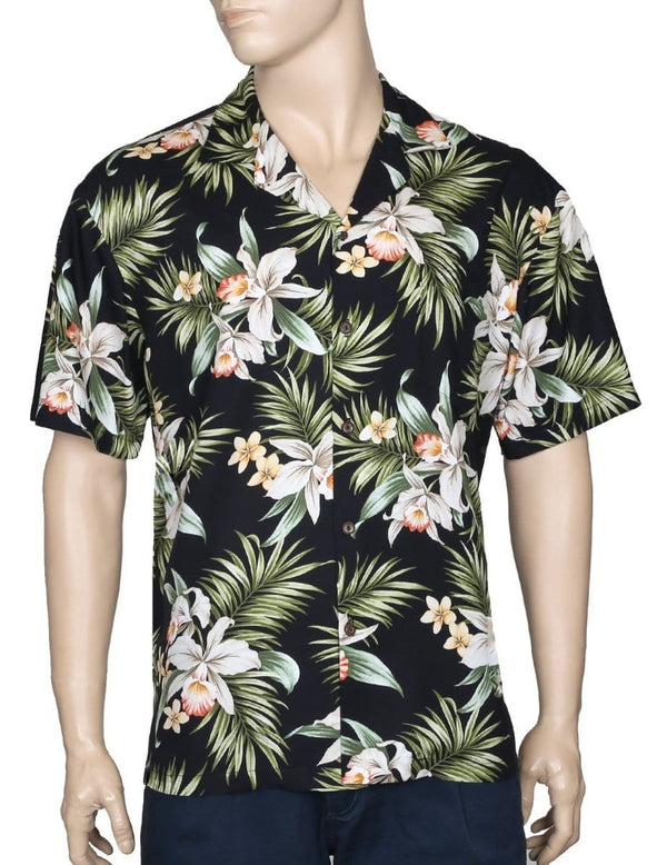 Classic Orchids Rayon Aloha Shirt Black