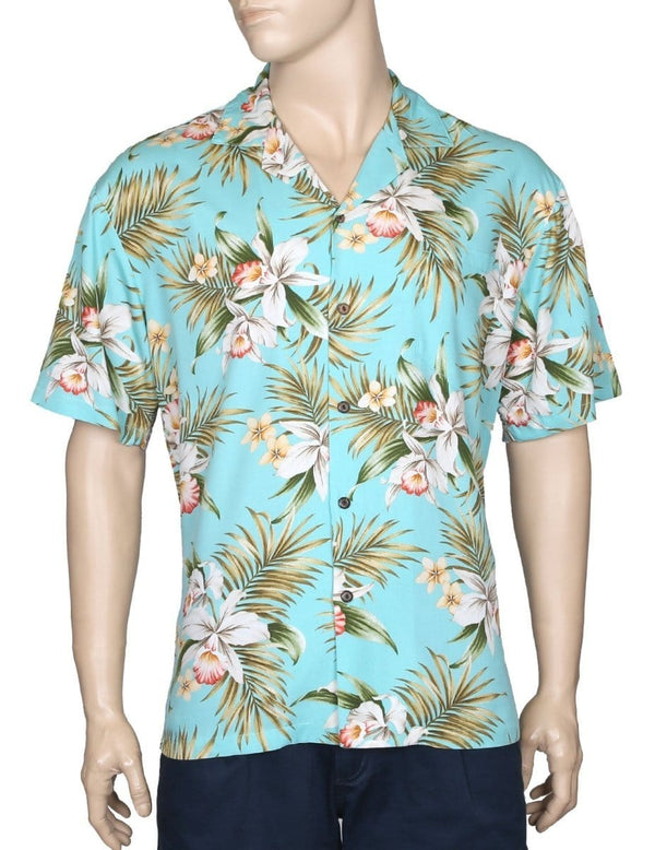 Classic Orchids Rayon Aloha Shirt Aqua KY