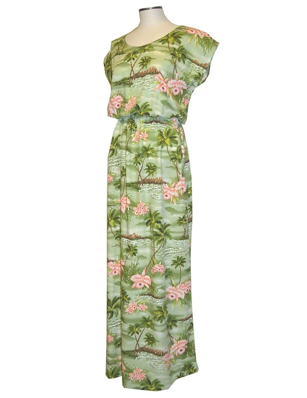 Diamond Head Hawaii Full Length Rayon Dress Cap Sleeves Green