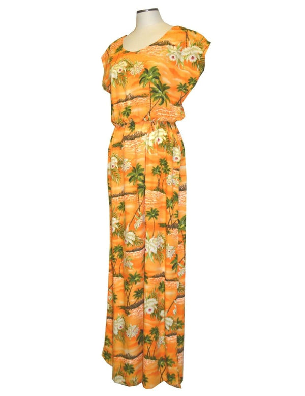 Diamond Head Hawaii Full Length Rayon Dress Cap Sleeves Orange
