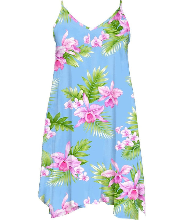 Dream Orchids Short Dress with Scarf Hem Blue