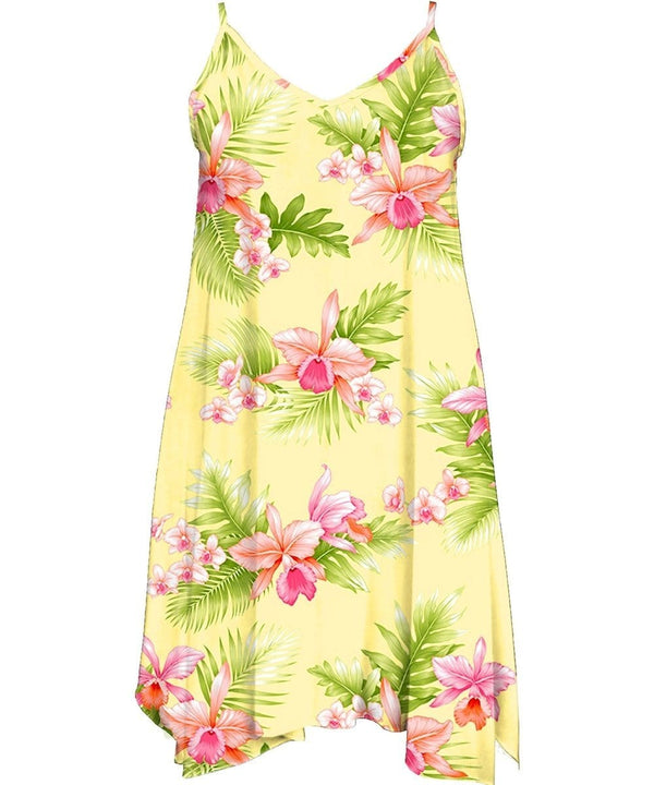 Dream Orchids Short Dress with Scarf Hem Yellow