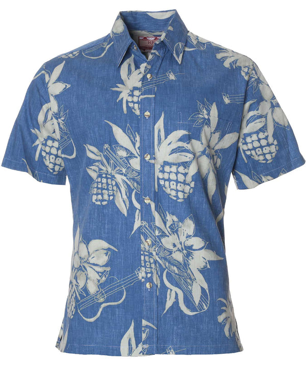 Dress Aloha Shirt Pineapples and Ukuleles Blue RJC