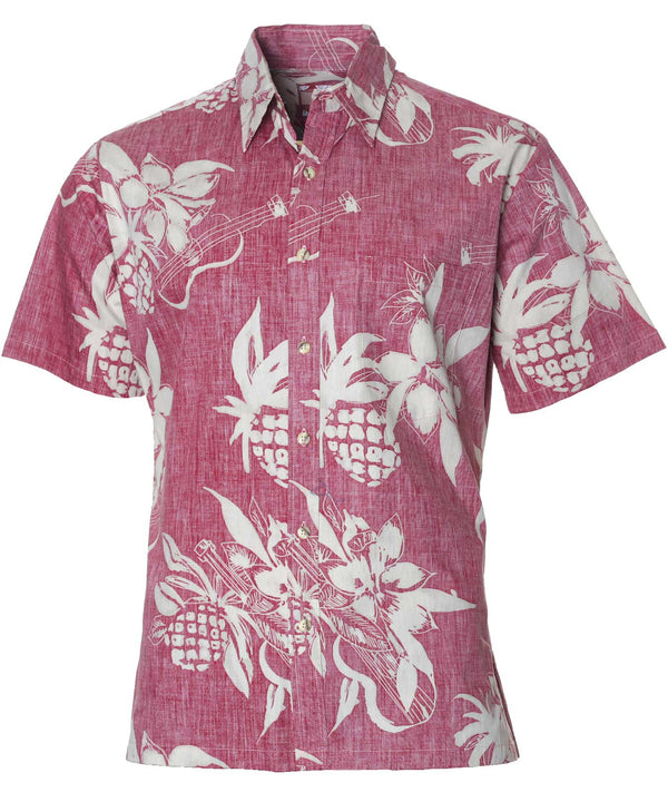 Dress Aloha Shirt Pineapples and Ukuleles Burgundy RJC
