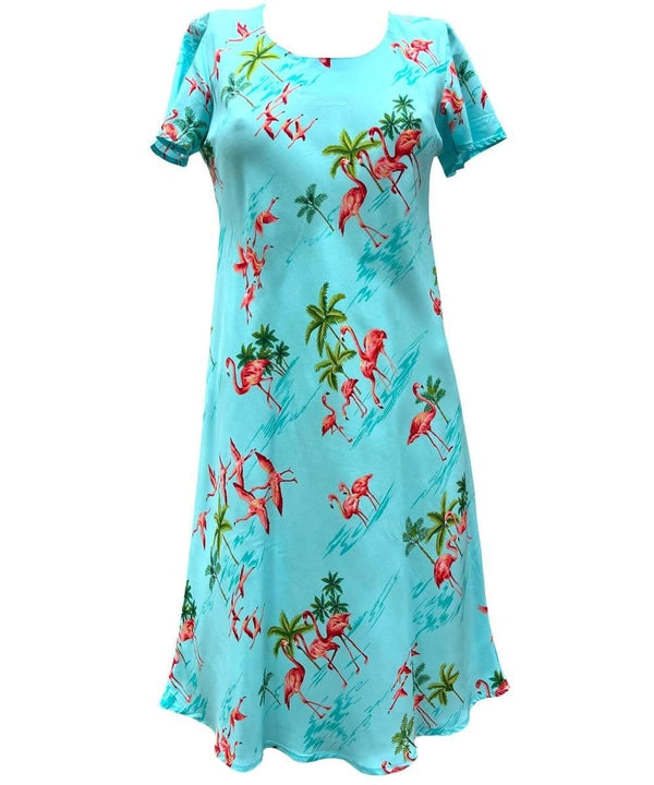 Short Hawaiian Dress with Cap Sleeves Flamingo Aqua