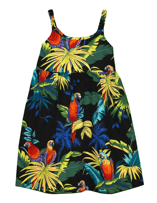 Elastic Straps Girls Sundress Parrots Paradise Black