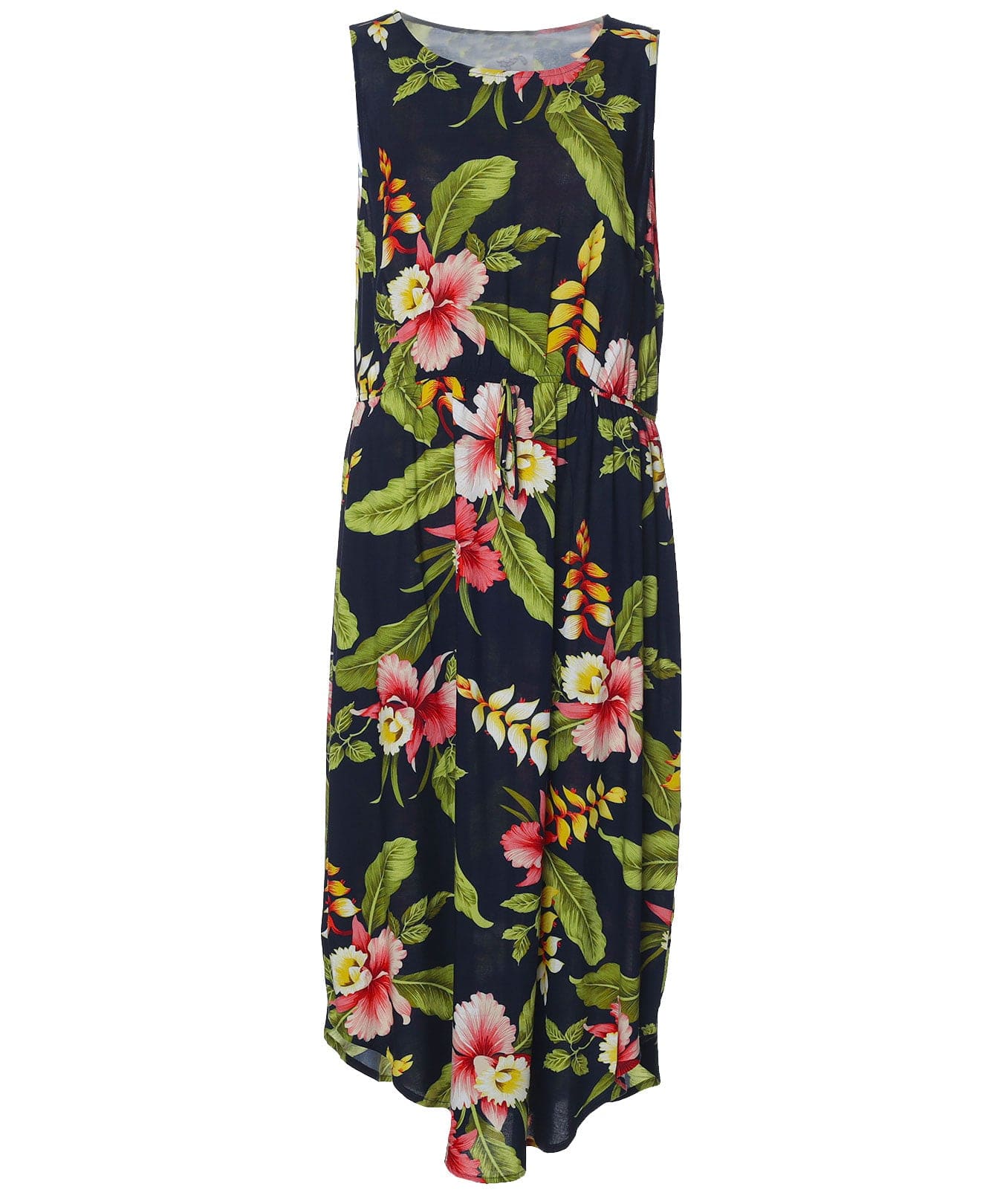 Elastic Waist Sleeveless Hawaiian Dress Orchid Pua Navy / M Elastic Waist Sleeveless Hawaiian Dress Orchid Pua Navy / M