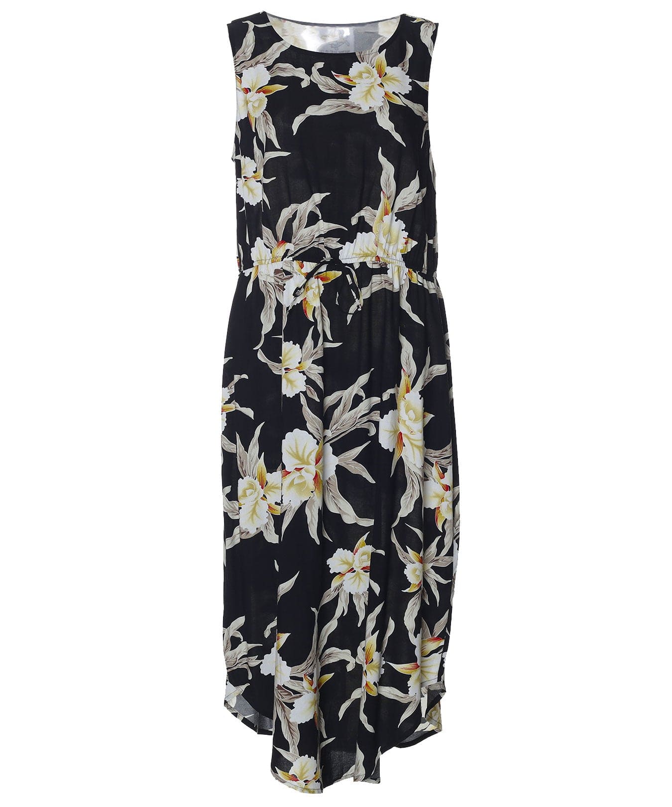 Retro Orchids Elastic Waist Sleeveless Hawaiian Dress Black / S Retro Orchids Elastic Waist Sleeveless Hawaiian Dress Black / S