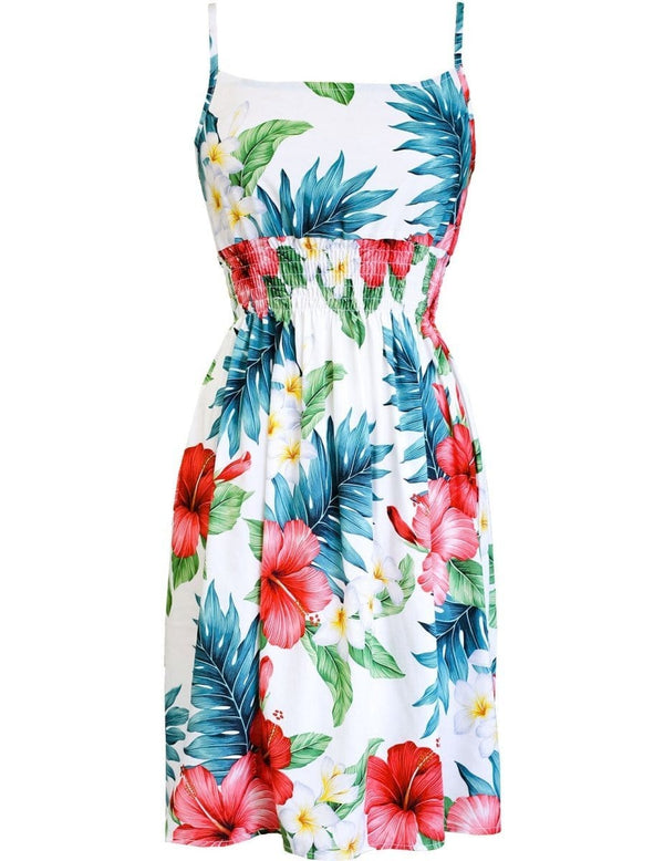 Empire Smocked Short Hawaiian Dress Hibiscus White Large RJC