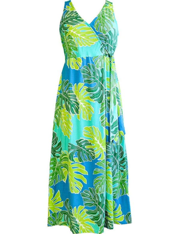 Empire Waist Tea Length Hawaiian Dress Nuuanu Valley Aqua RJC