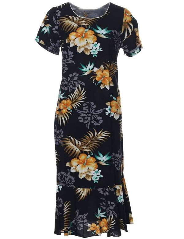 Fern Hibiscus Hawaiian Dress with Sleeves Black Two Palms