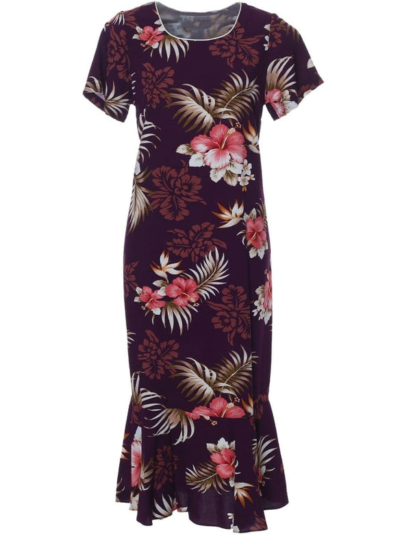 Fern Hibiscus Hawaiian Dress with Sleeves Purple Two Palms