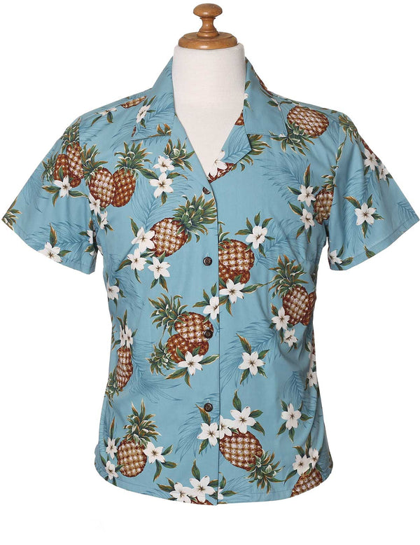 Sunny Pineapples Fitted Hawaiian Blouse Light Blue