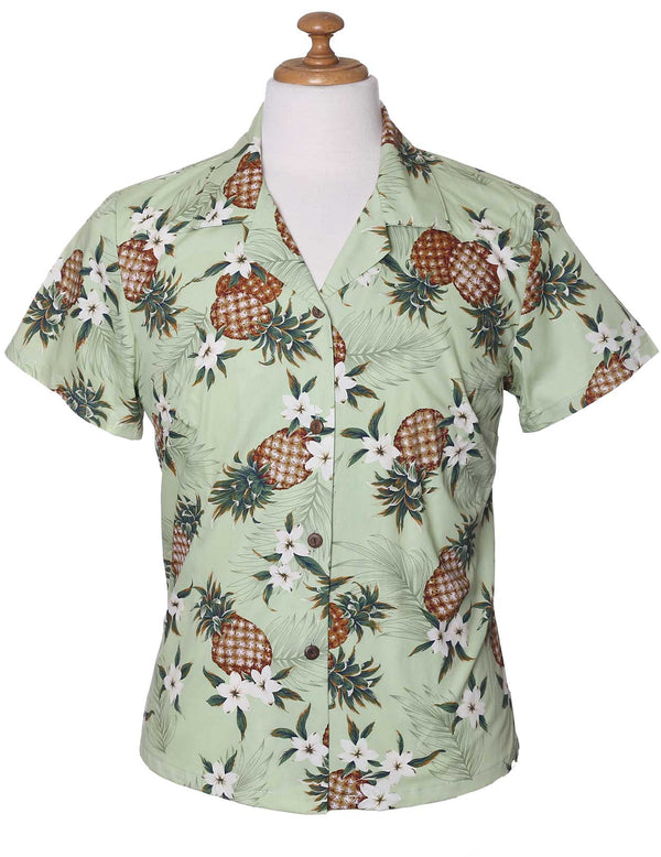 Sunny Pineapples Fitted Hawaiian Blouse Green