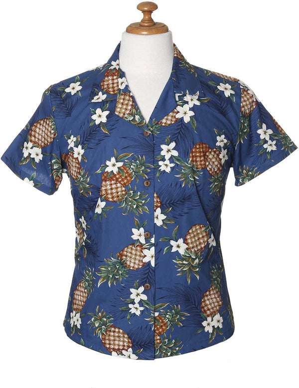 Sunny Pineapples Fitted Hawaiian Blouse Navy