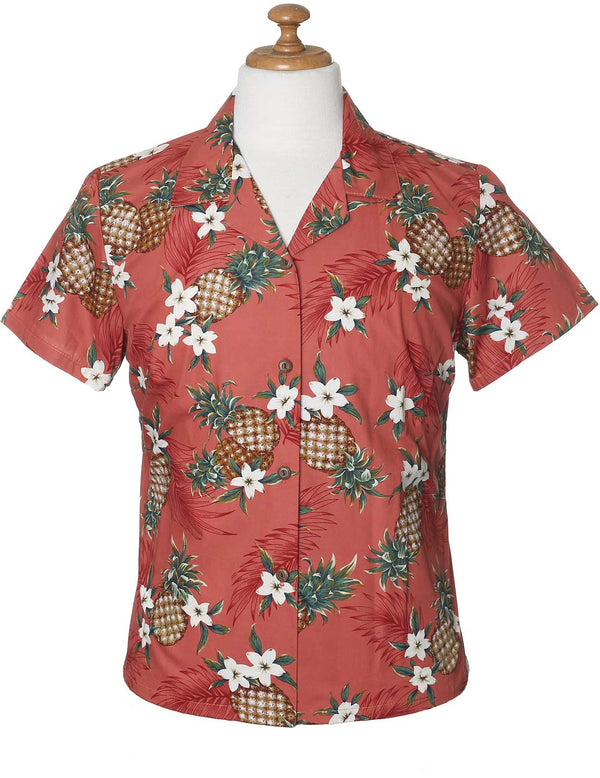 Sunny Pineapples Fitted Hawaiian Blouse Rust