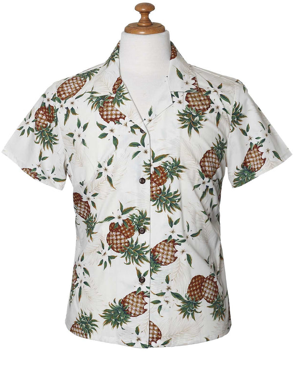 Sunny Pineapples Fitted Hawaiian Blouse White
