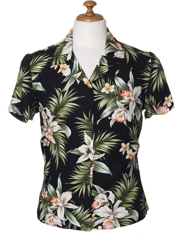 Classic Orchids Rayon Hawaiian Womens Blouse Black