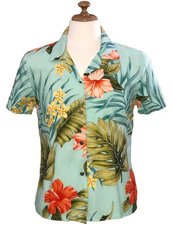 Waipio Hibiscus Women's Hawaiian Shirt Aqua