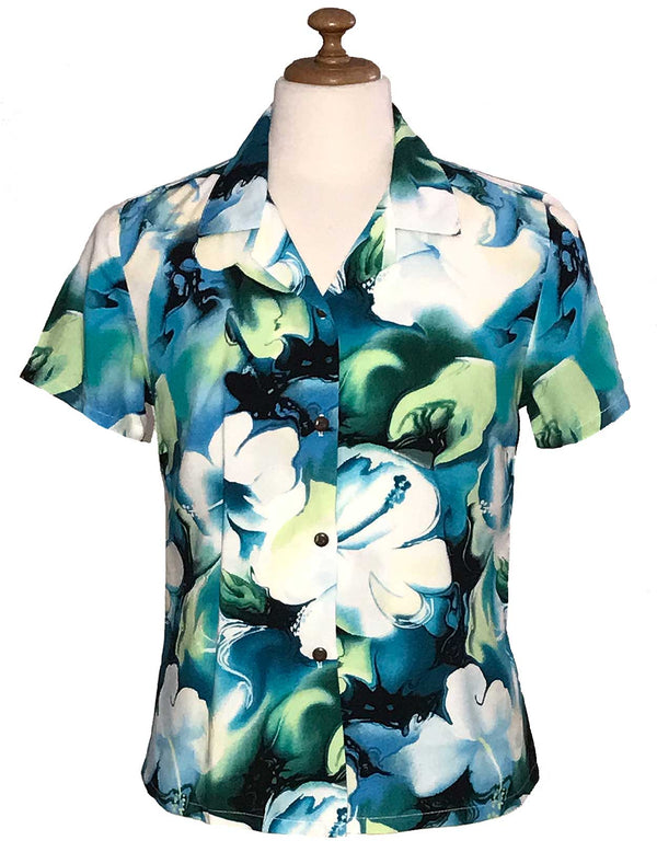 Women's Hawaiian Shirt Watercolor Makawao Forest Ocean Blue