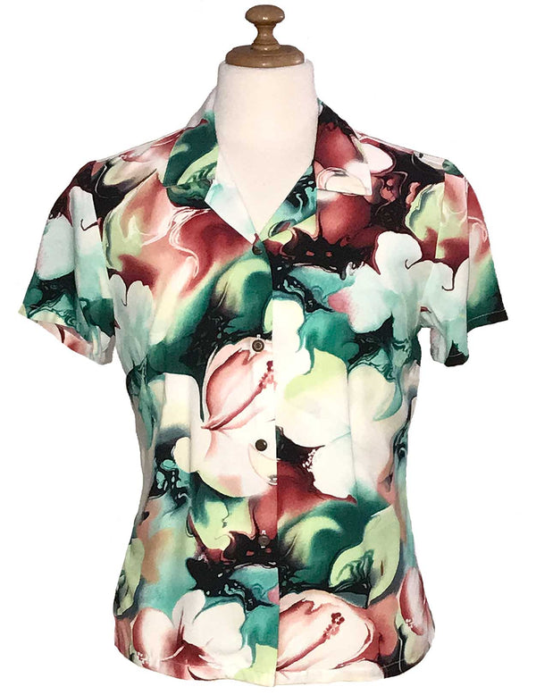 Women's Hawaiian Shirt Watercolor Makawao Forest Red