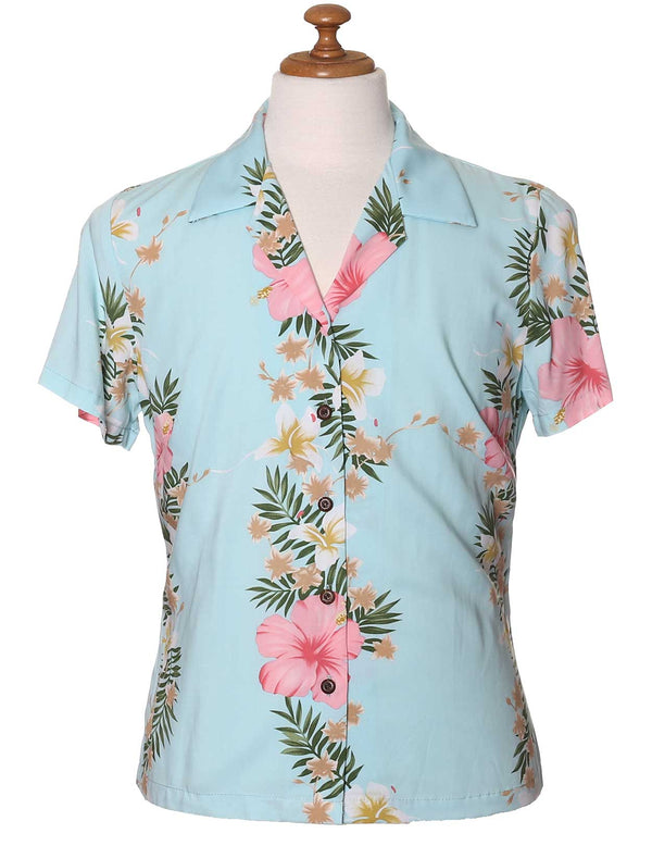 Women Aloha Blouse Hibiscus Leis Aqua