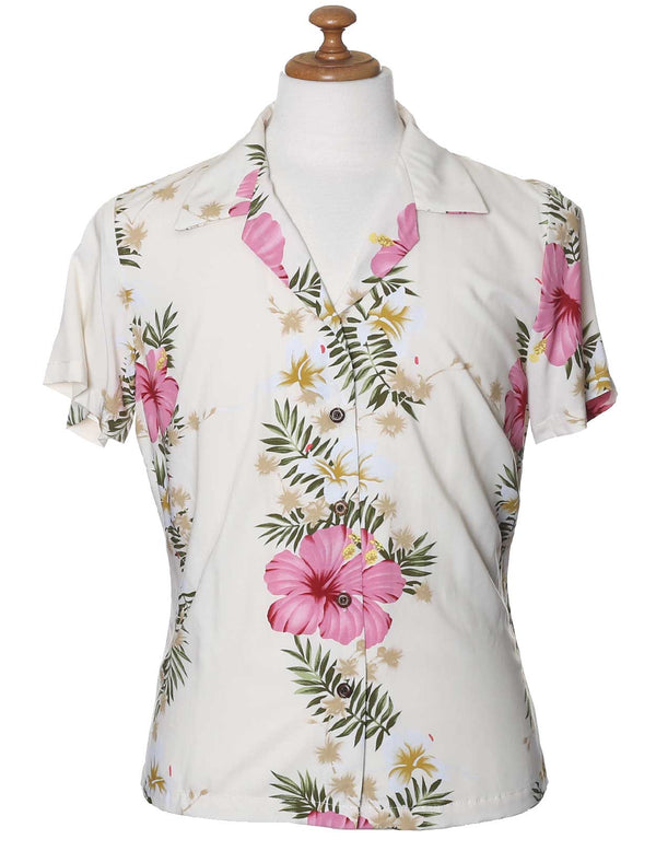 Women Aloha Blouse Hibiscus Leis Beige