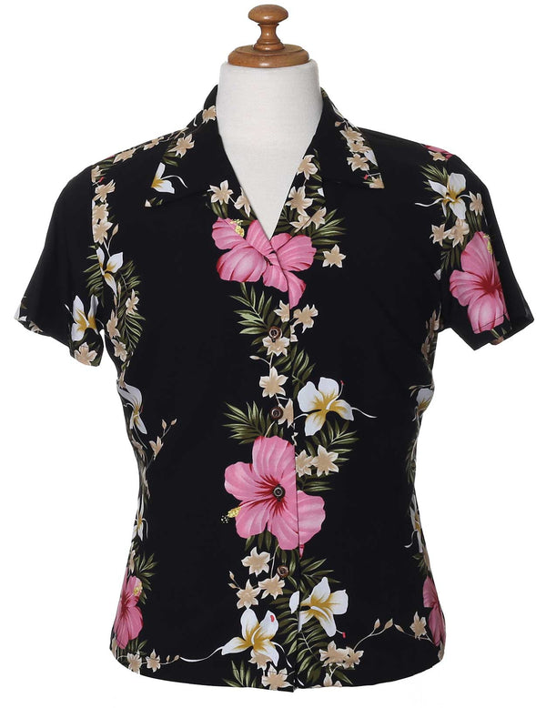 Women Aloha Blouse Hibiscus Leis Black