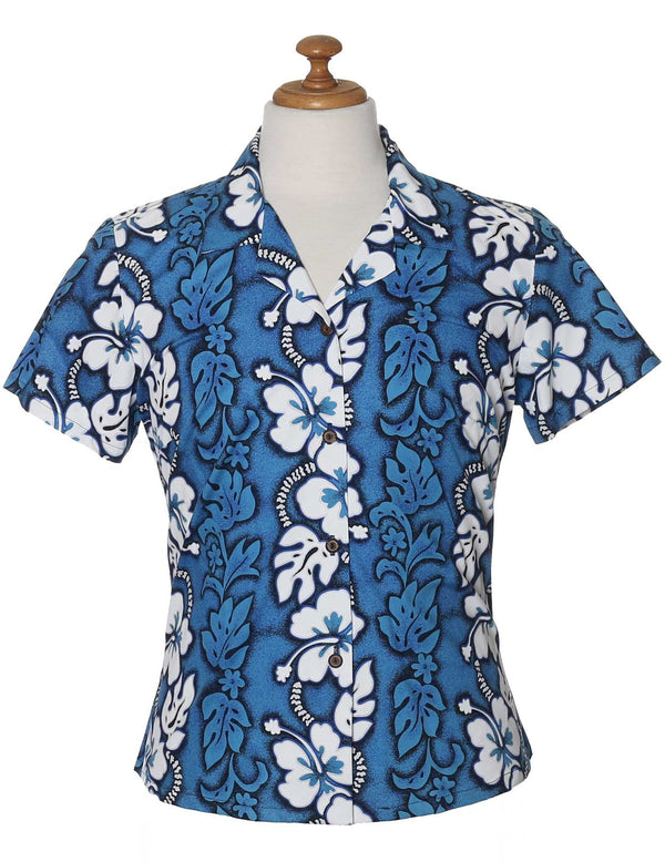 Fitted Hawaiian Blouse Hibiscus Leis Blue