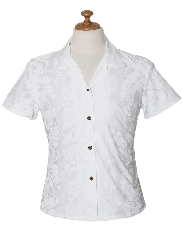 Fitted Hawaiian Blouse White Hibiscus Leis White